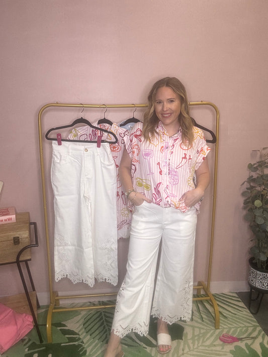 White Eyelet Lace Trim Wide Leg Pants