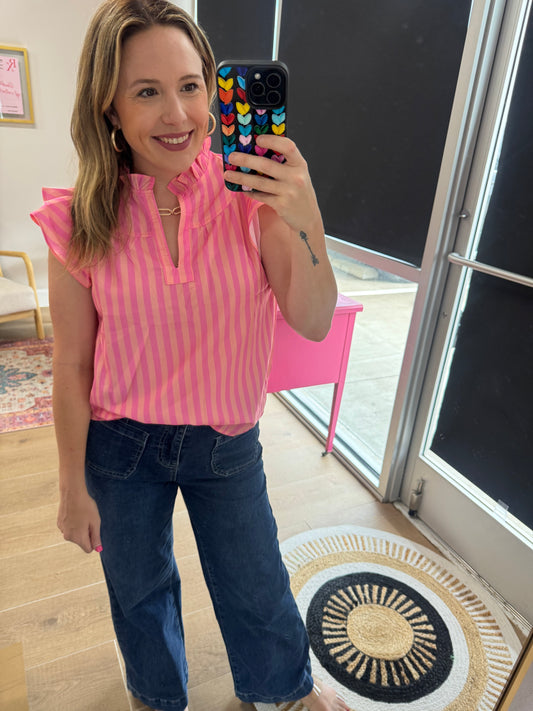 Pink Striped Ruffle Sleeve Top
