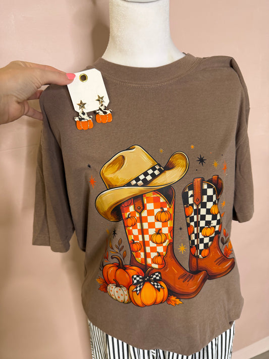 Western Pumpkin Cowboy Boots Fall Graphic Tee