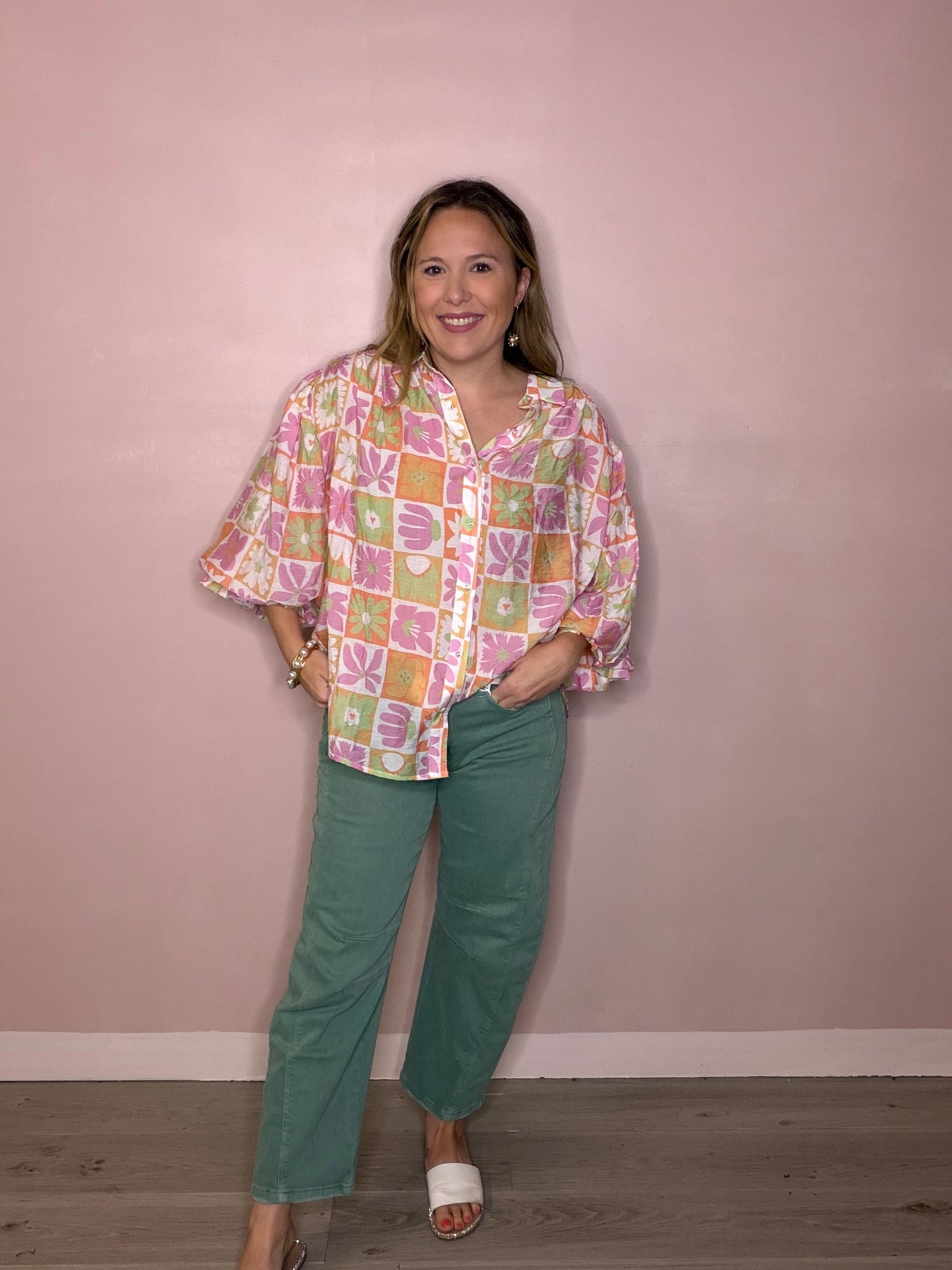 Oversized Floral Flowy Button Front Blouse