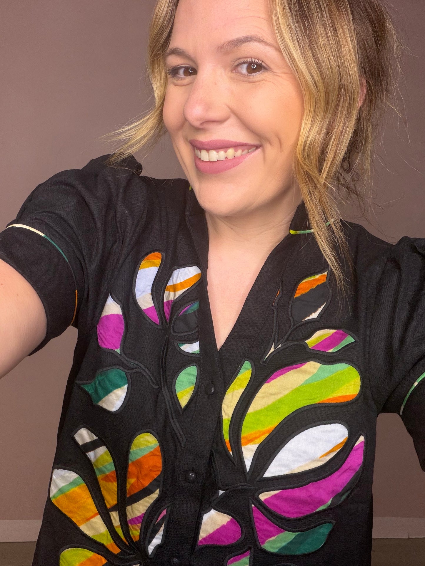 Black Colorful Embroidered Applique Button Dress