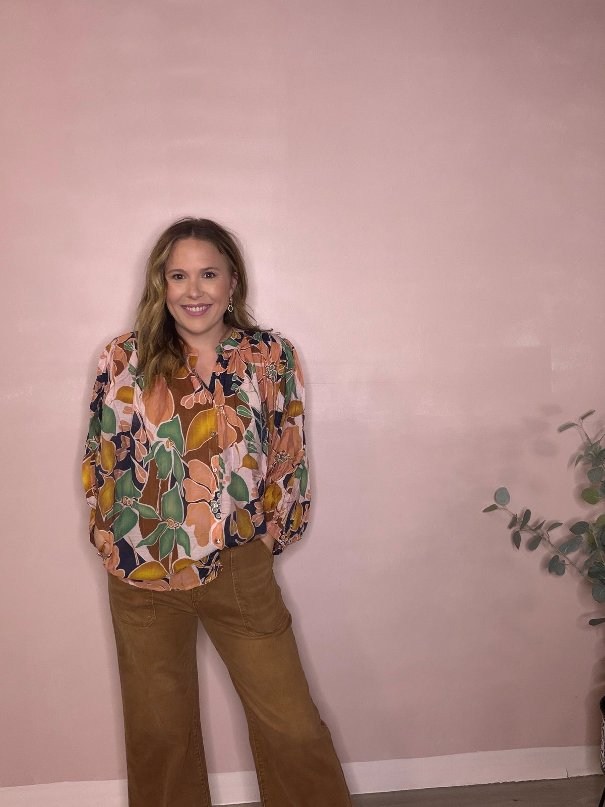 Green Brown & Tan Floral Fall Blouse