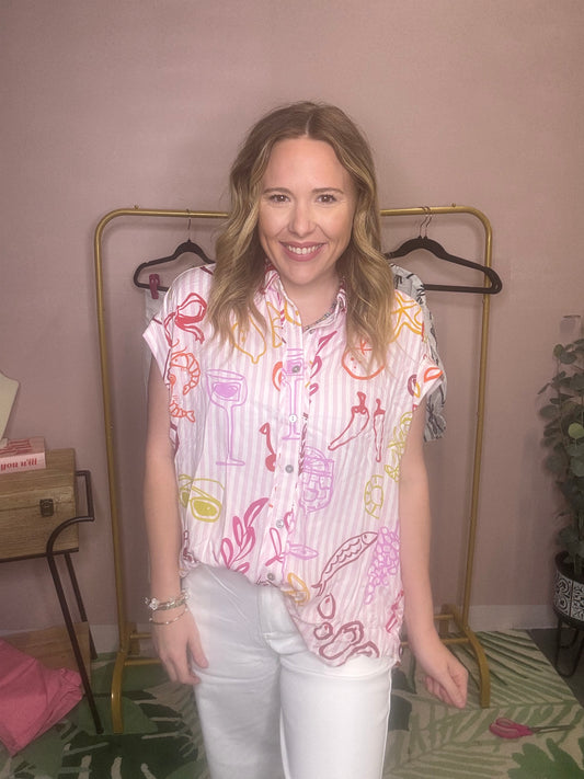 Pink Coastal Resort Print Button Up Blouse