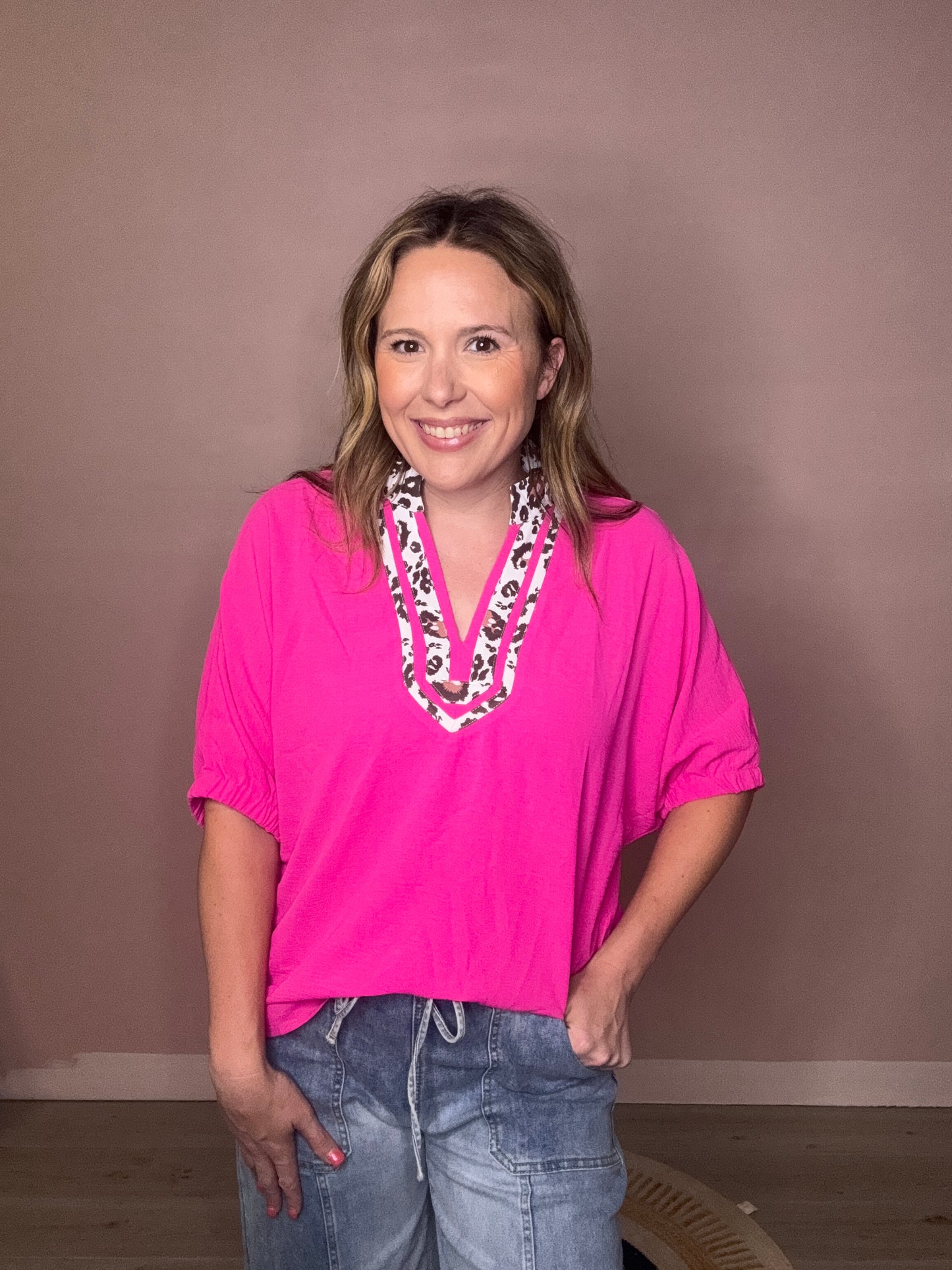 Pink Airflow Leopard Trim Blouse