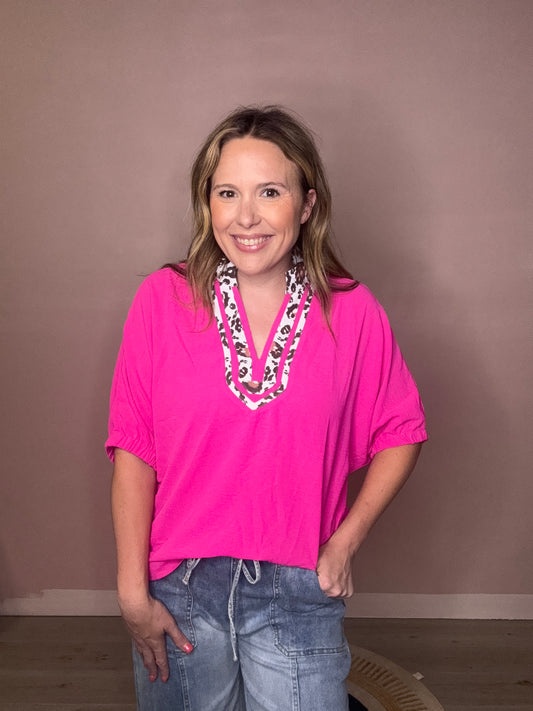 Pink Airflow Leopard Trim Blouse