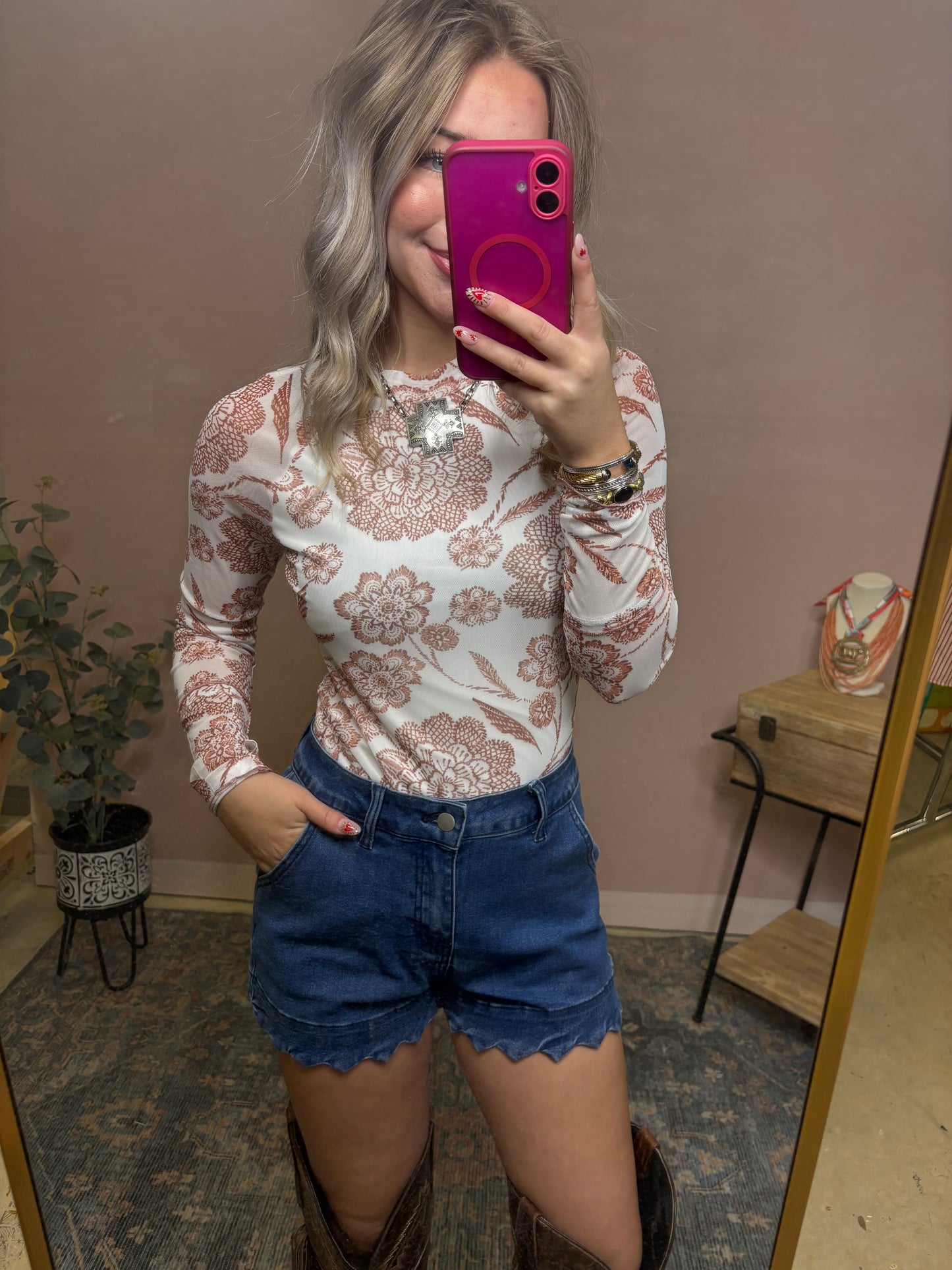 Desert Rose Brown Mesh Long Sleeve Top