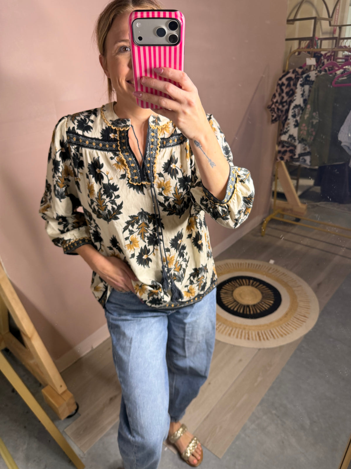 Black & Camel Floral Flowy Blouse