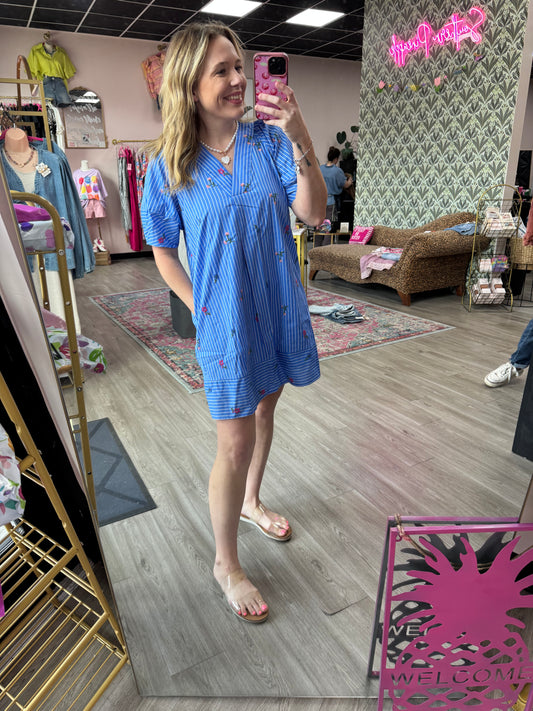 Blue Striped Embroidered Shift Dress