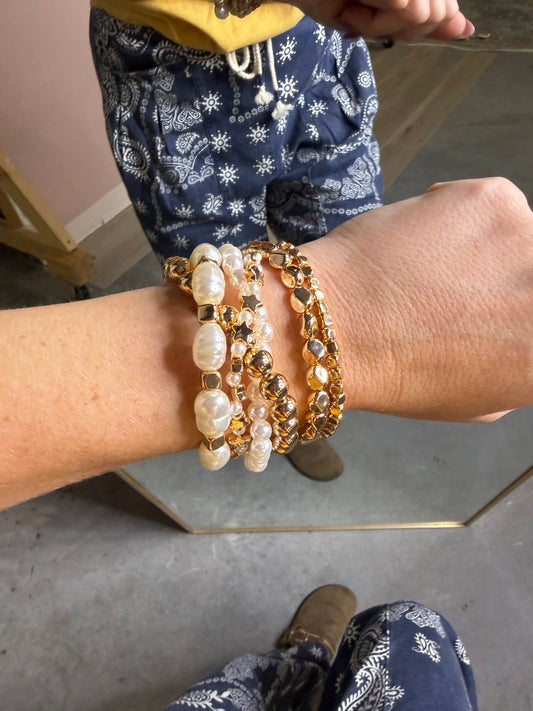 Gold & Pearl Bracelet Stack - Layered Bracelet Set