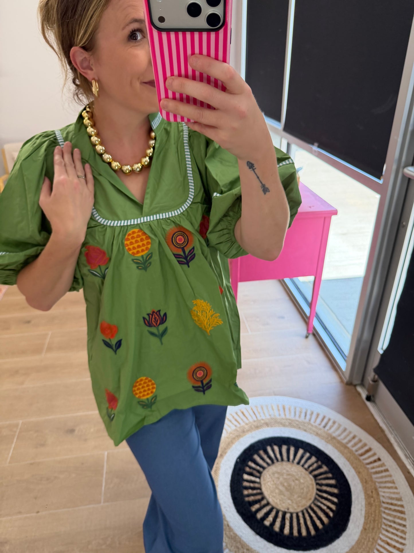 Green Floral Embroidered Blouse