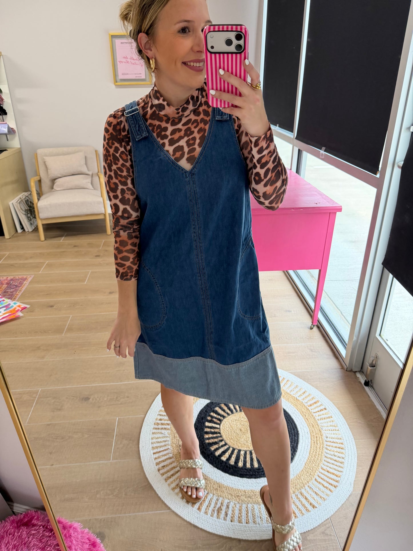 Two-Tone Denim Jumper Dress with Pockets