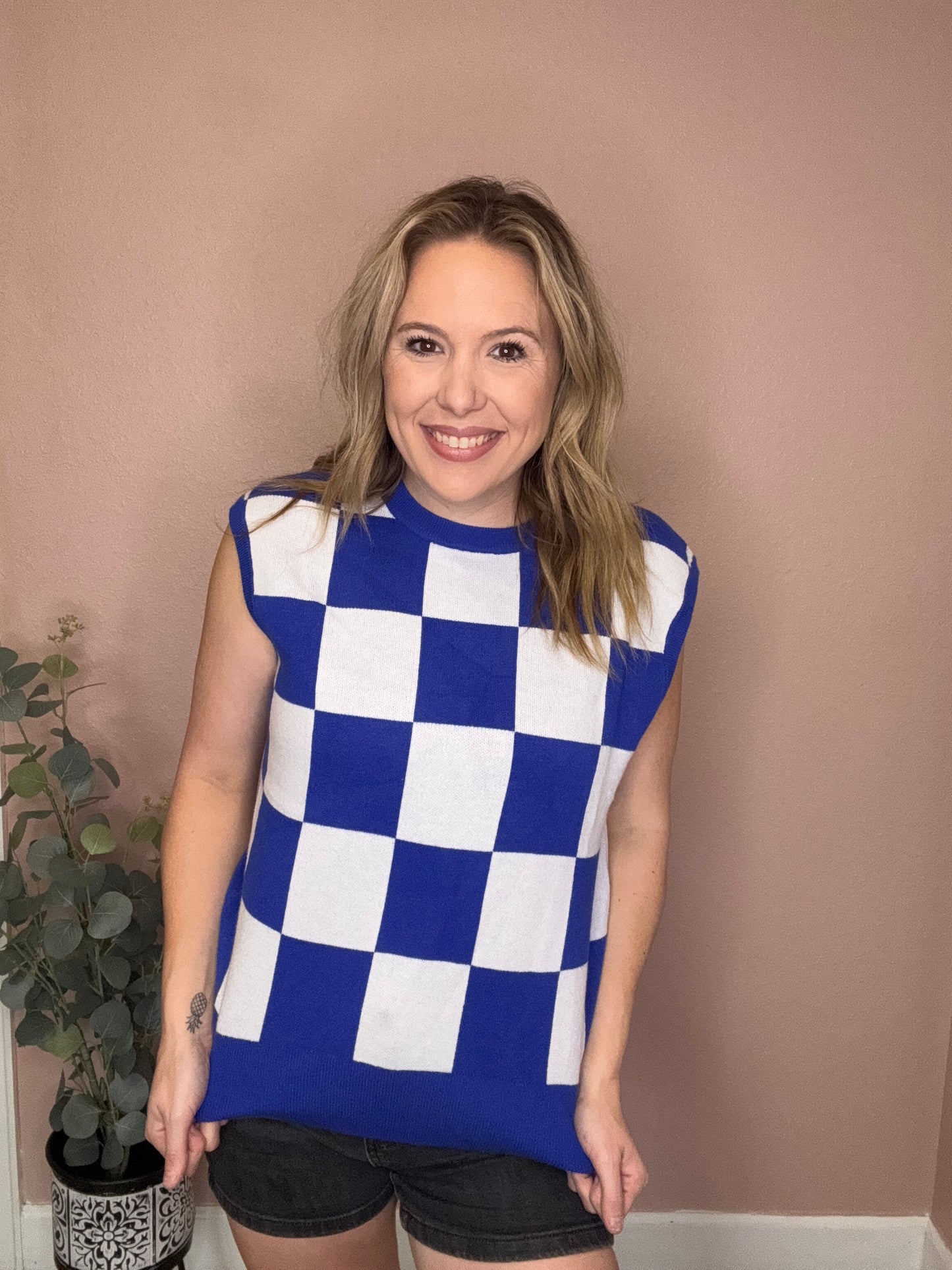 Bold Blue Checker Knit Vest