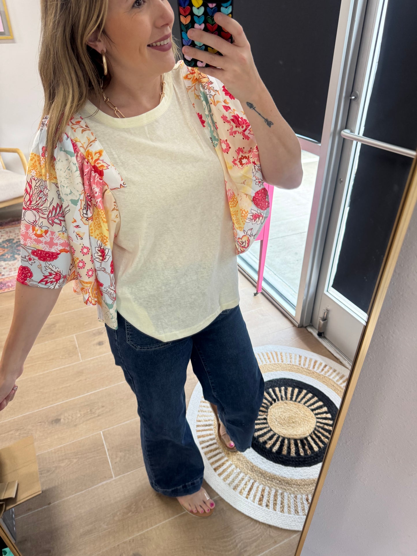 Beige Floral Sleeve Flowy Top