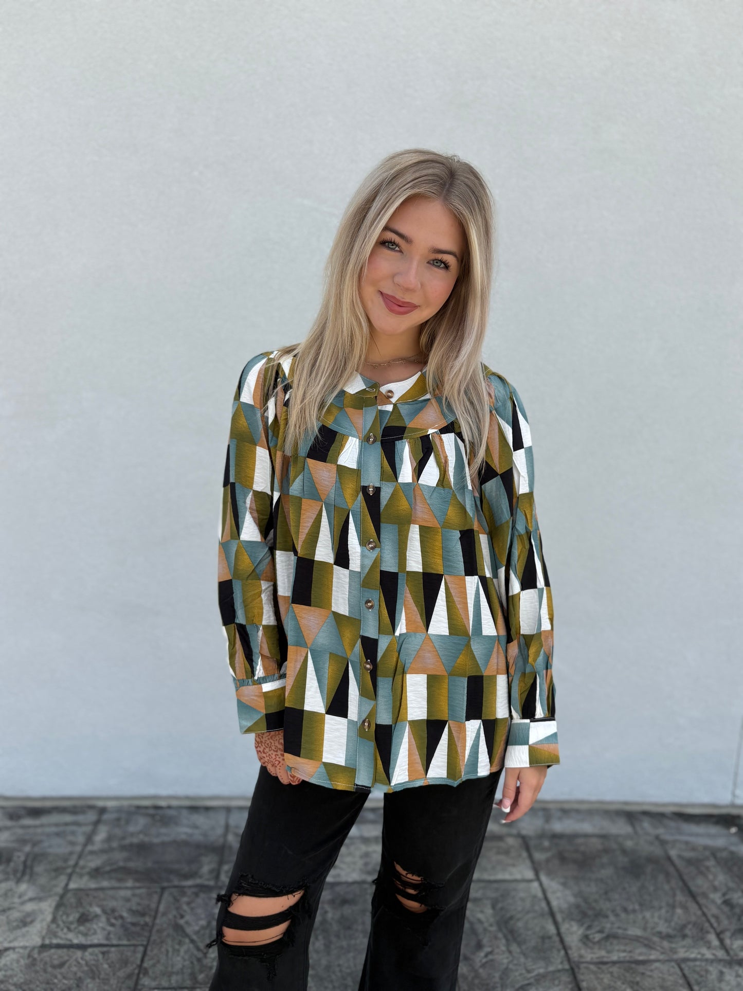 Geometric Balloon Sleeve Blouse