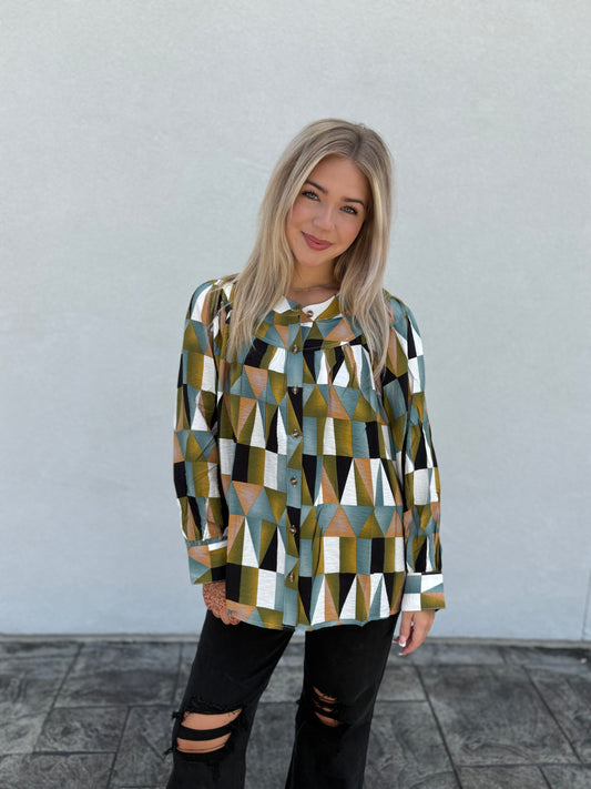Geometric Balloon Sleeve Blouse