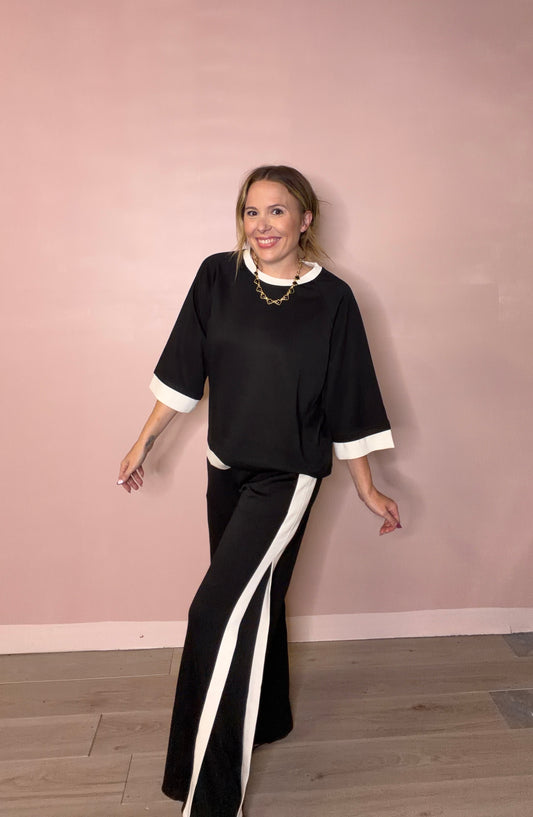 Umgee Luxe Knit Contrast Trim Pants - Black