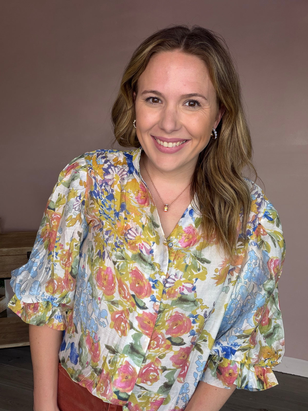 Watercolor Floral Puff Sleeve Fall Blouse