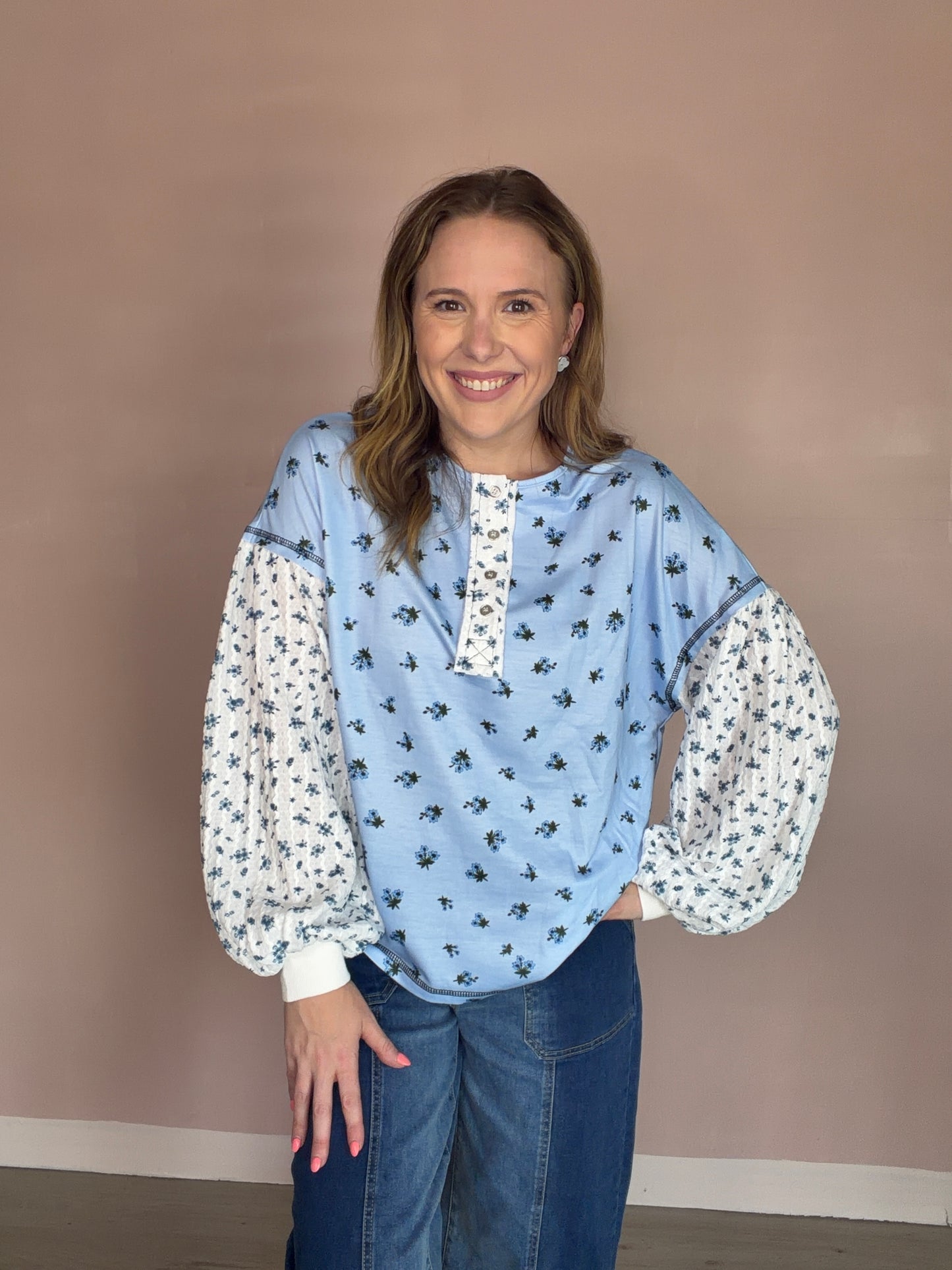 Blue Floral Waffle Sleeve Oversized Top