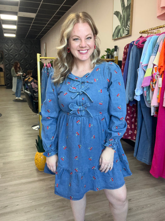 Cherry Kiss Embroidered Denim Dress