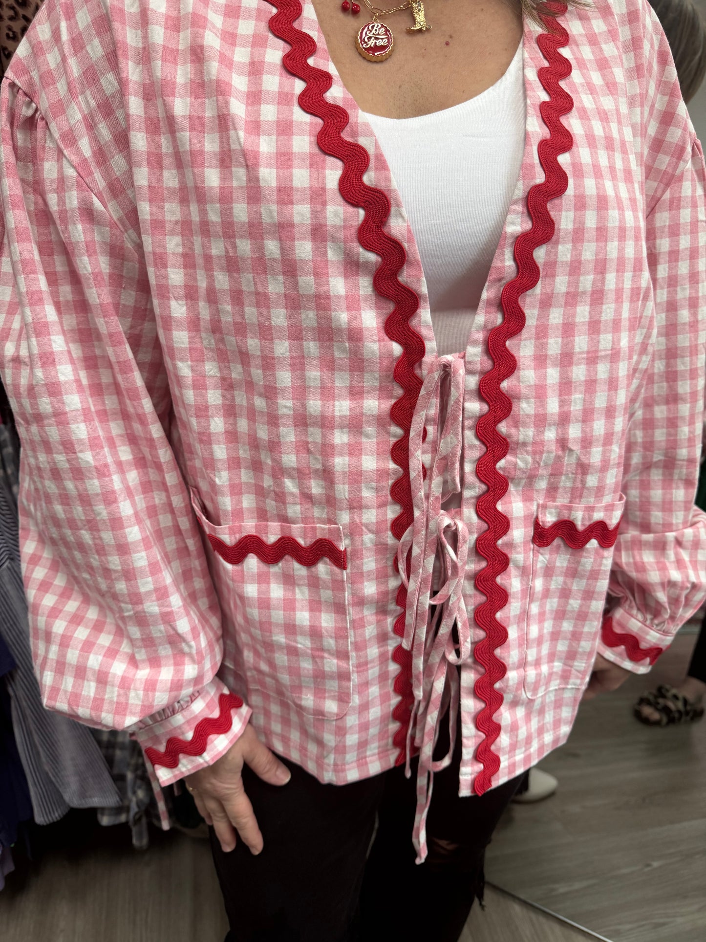 Pink & Red Checkered Front Tie Blouse