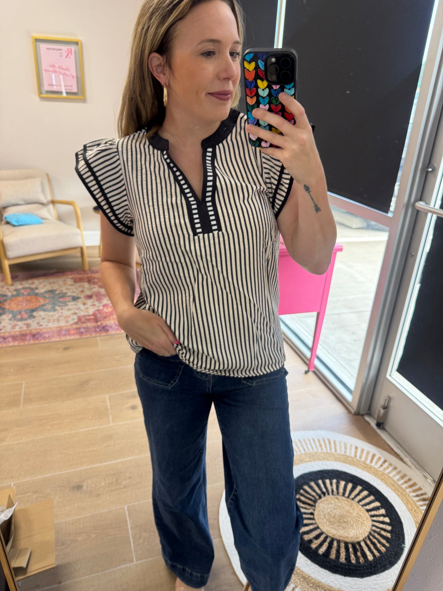 Black & White Striped Ruffle Sleeve Blouse