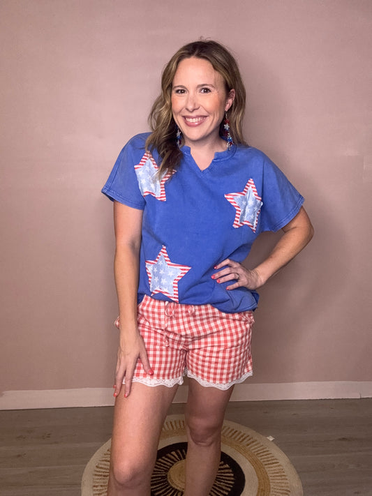 Stars Acid Wash V-Neck Top