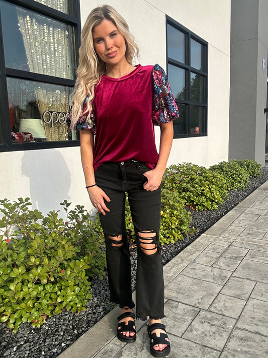 Burgundy Sequin Sleeve Blouse