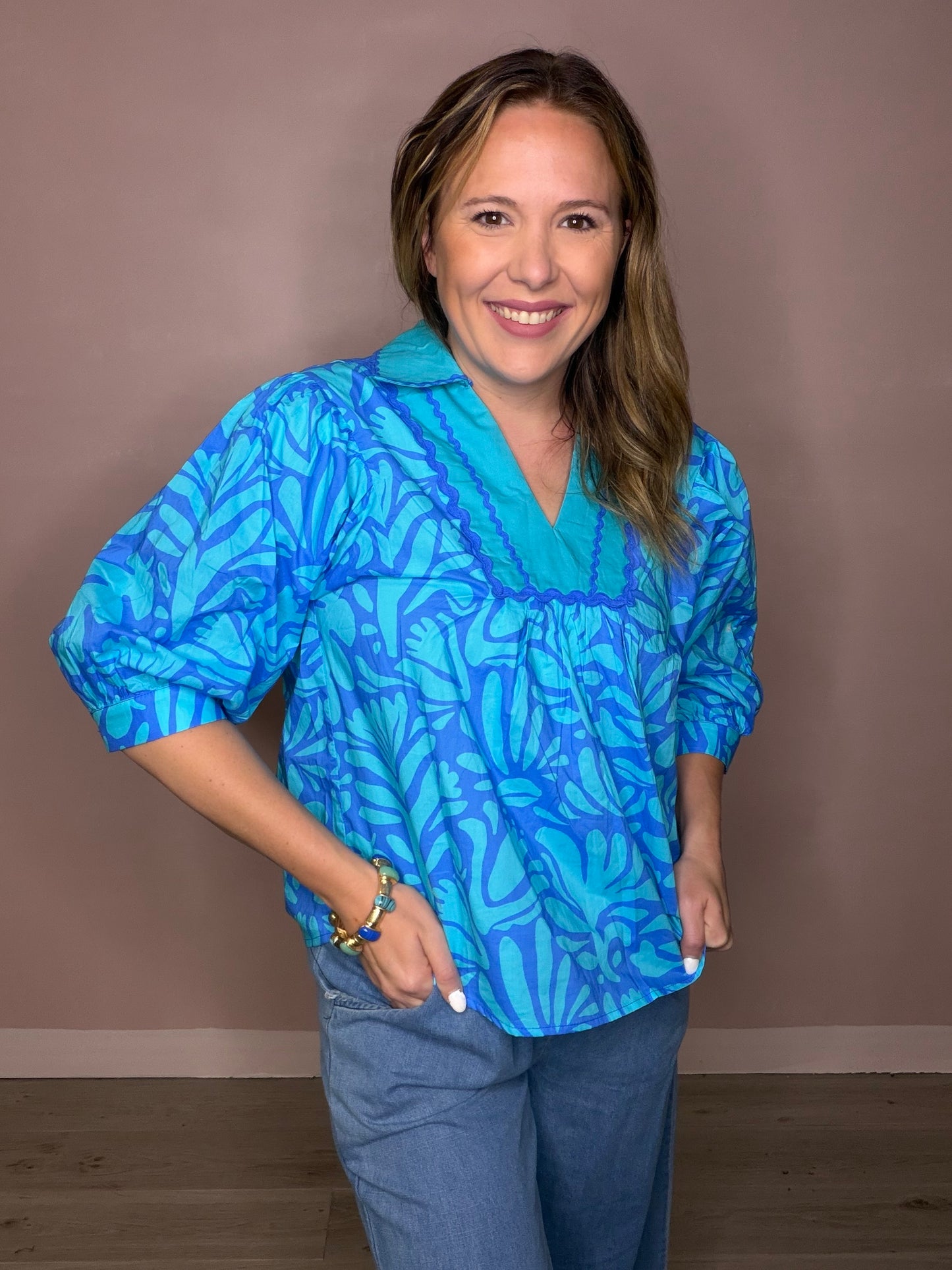 Floral Print Ric Rac Trim Blouse