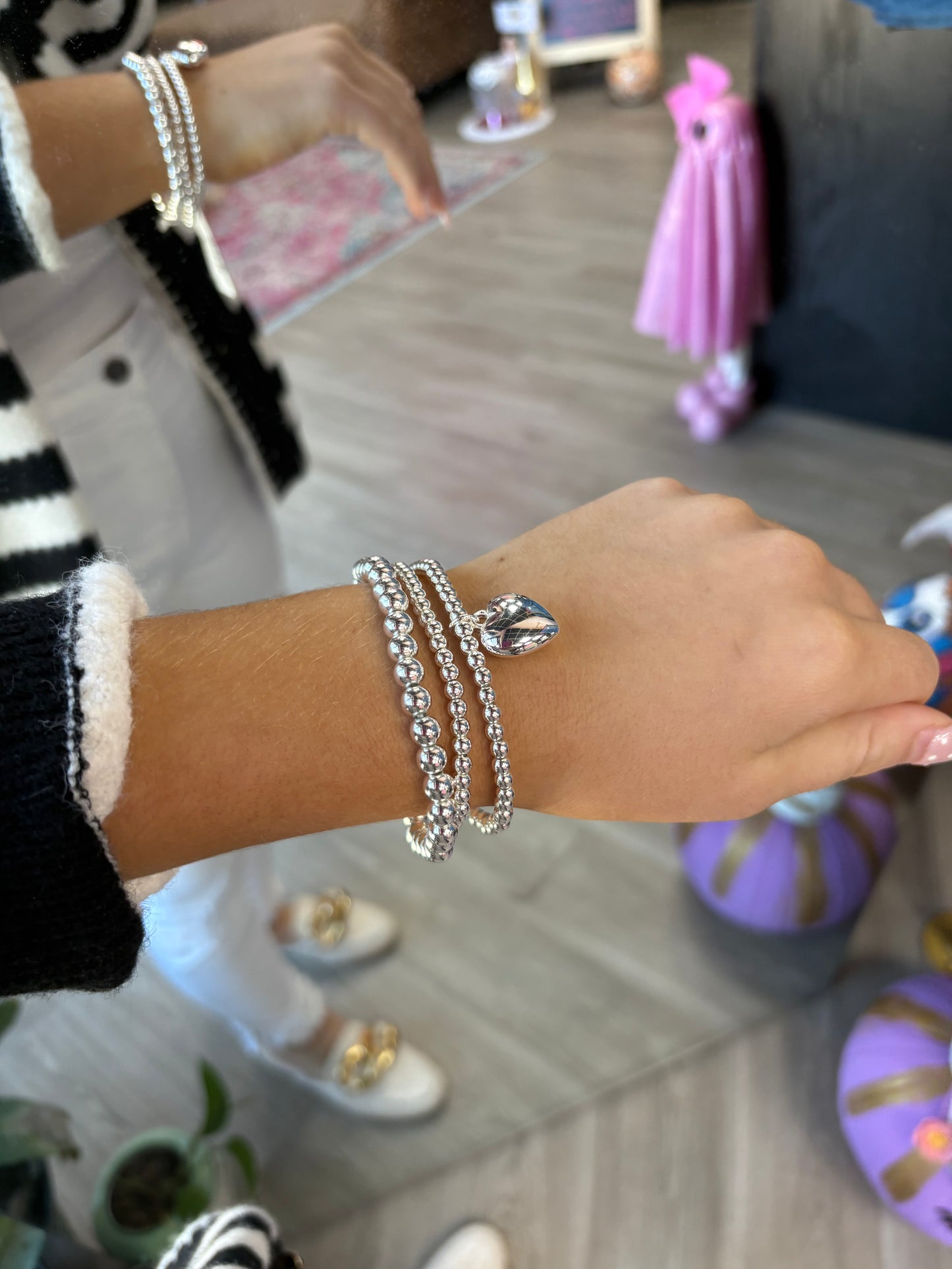 Silver Puff Heart Bracelet Stack (Set)