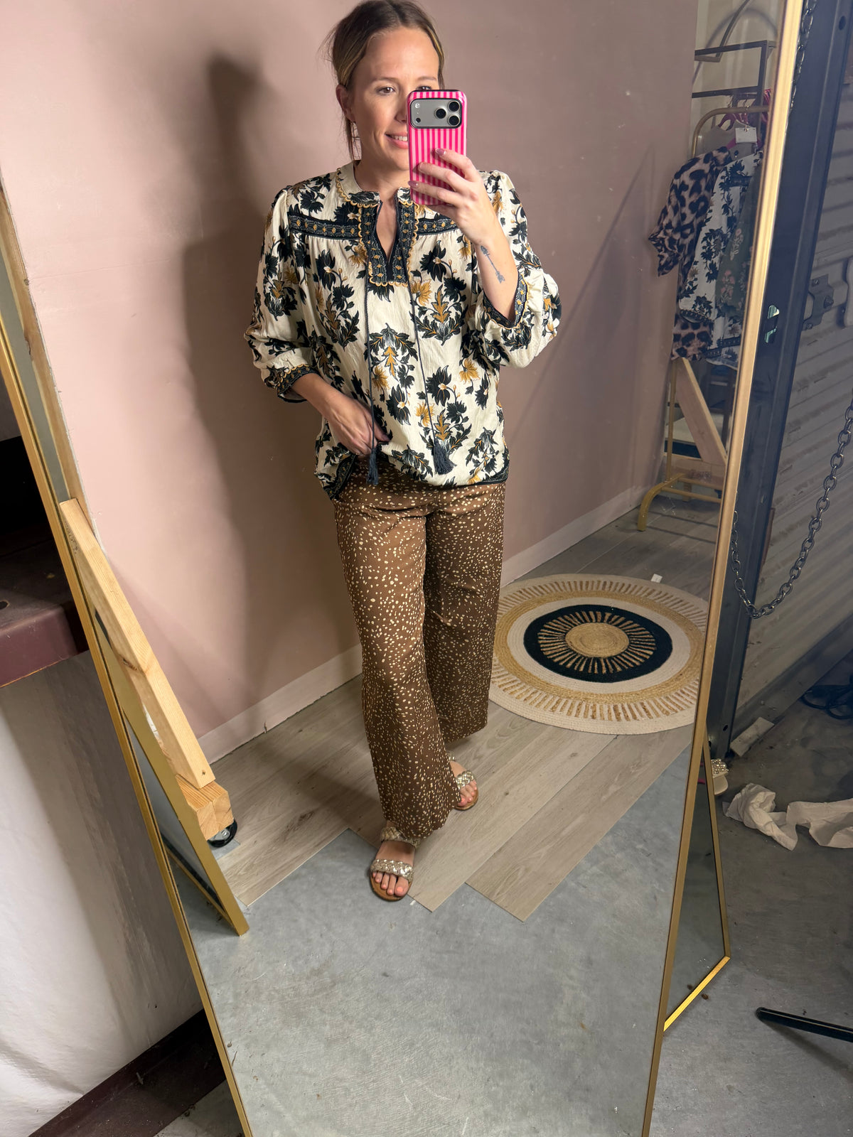 Black & Camel Floral Flowy Blouse