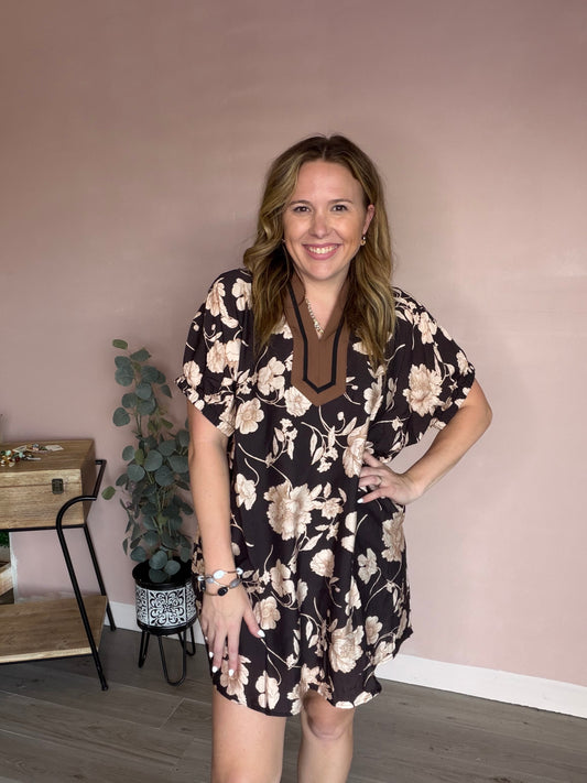 Mocha Black Floral Trim Pocket Dress