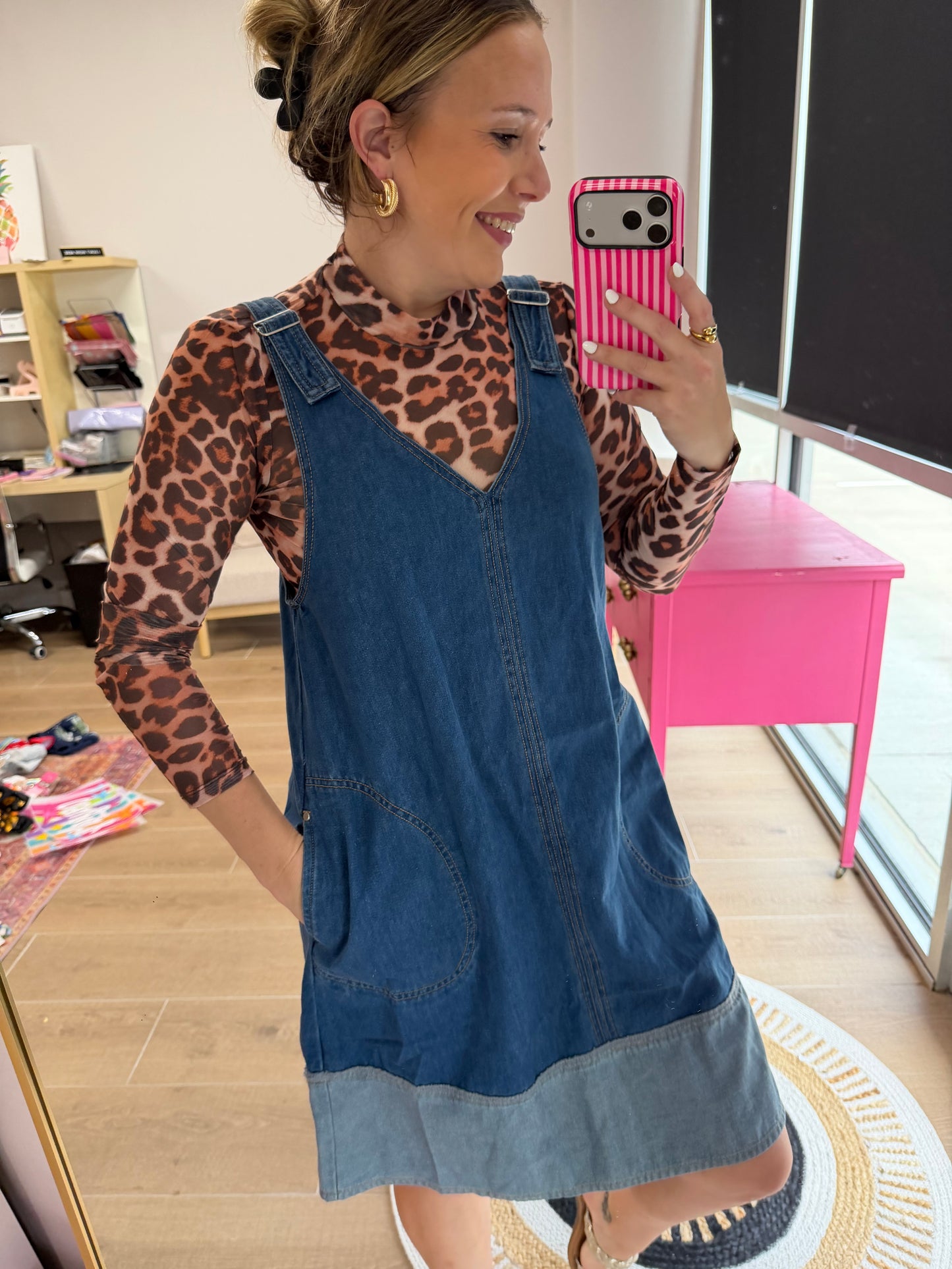 Two-Tone Denim Jumper Dress with Pockets