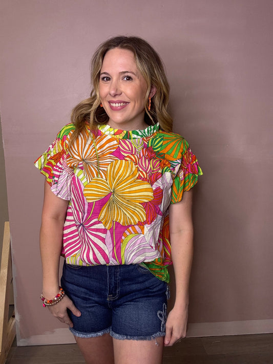 Bright Floral Boutique Blouse | Orange Green Pink Top