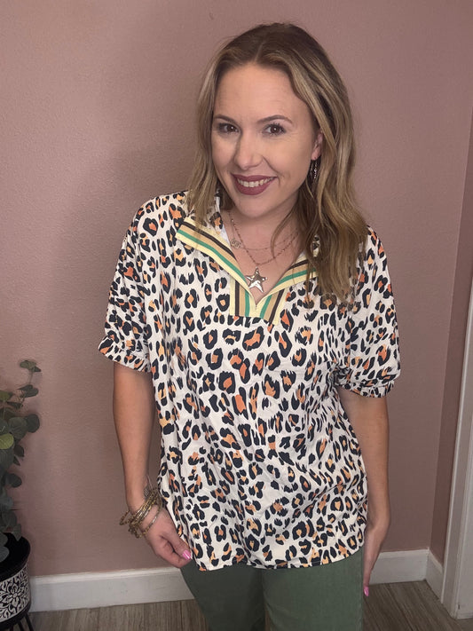 Leopard Print Polo Collar Top