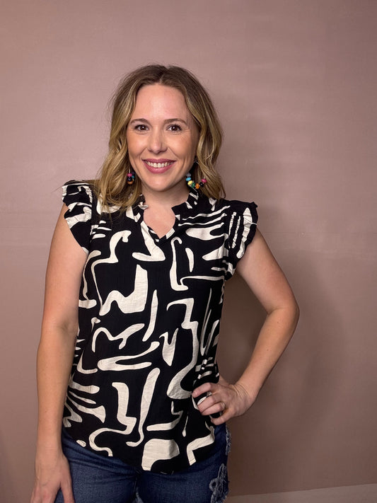 Black & White Abstract Print Blouse | Boutique Top