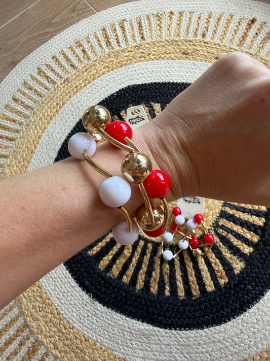 Red, White & Gold Ball Stretch Bracelet Stack