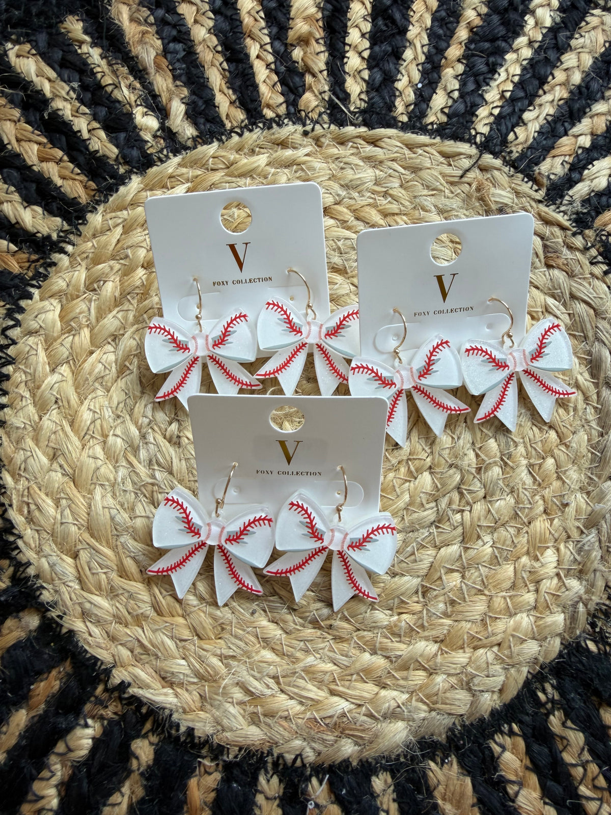 White Baseball Stitch Bow Earrings