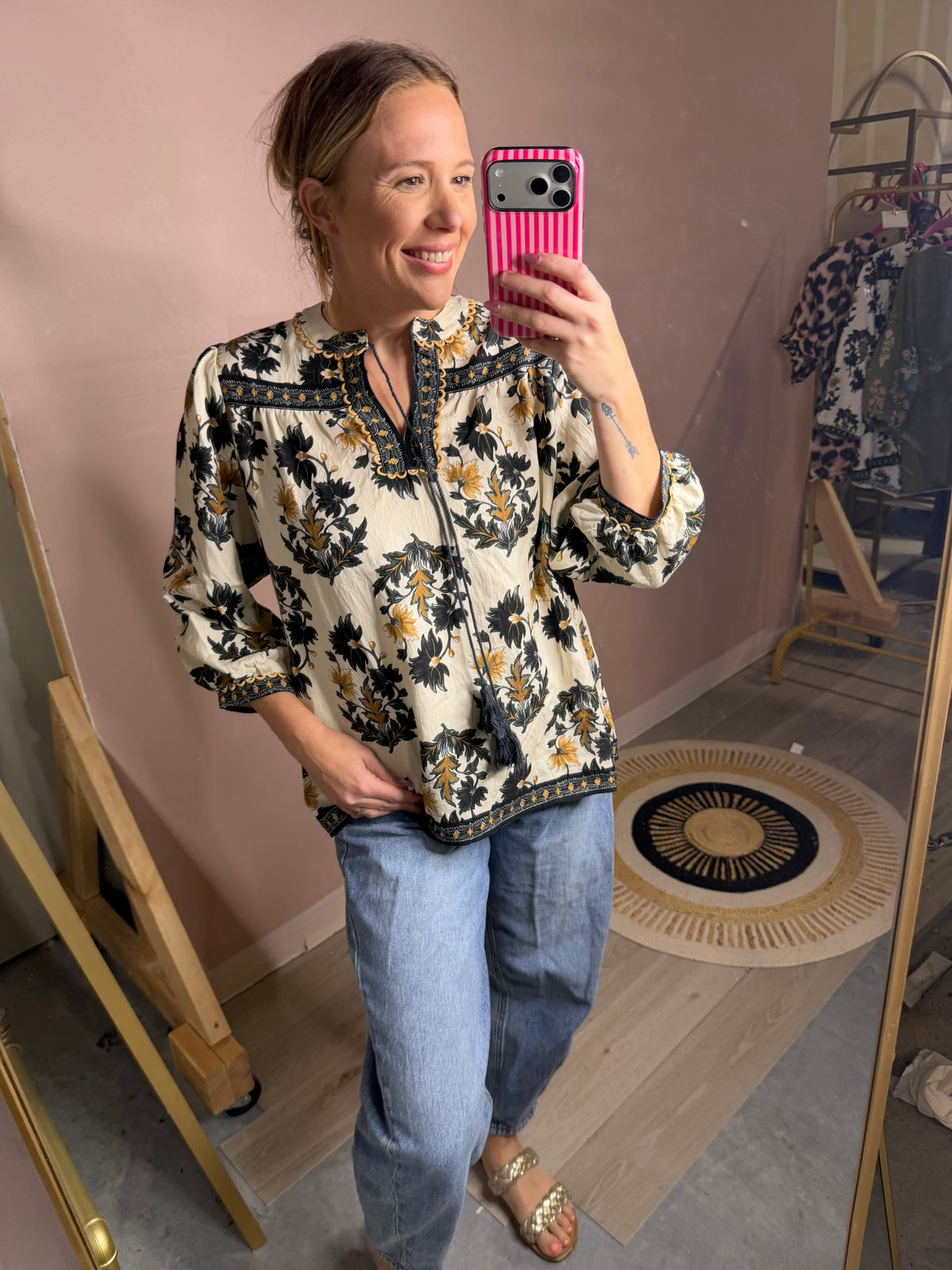 Black & Camel Floral Flowy Blouse