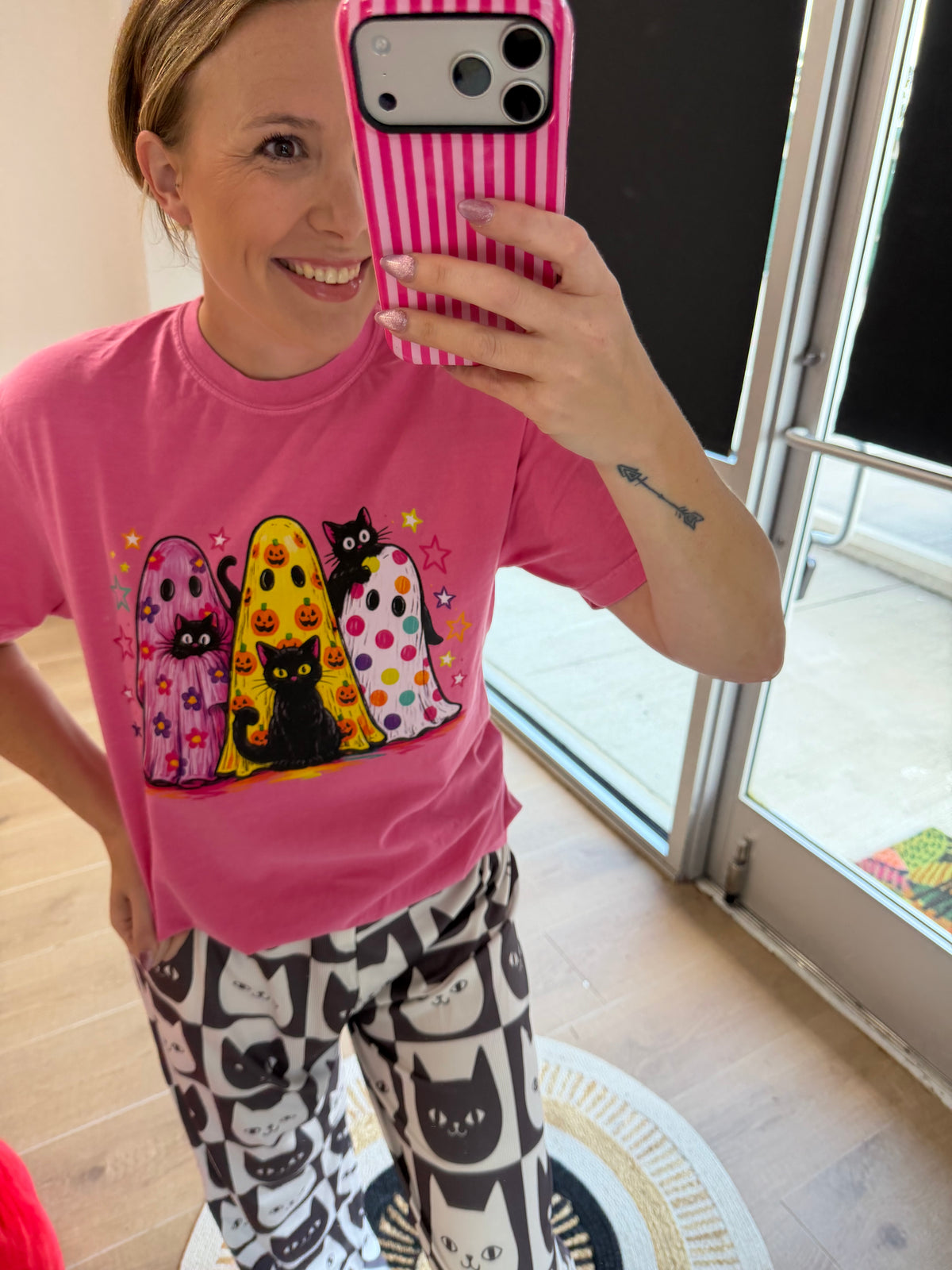 Pink Black Cat & Ghost Halloween Graphic Tee