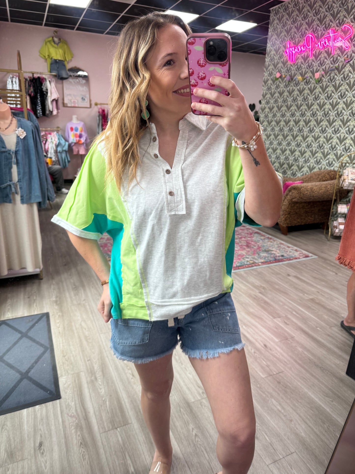 Neon Colorblock Oversized Half Button Down Collared Knit Top