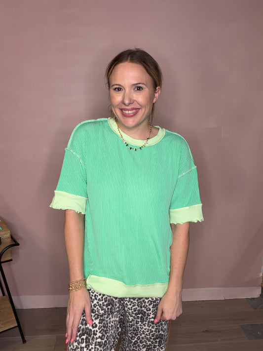 Kelly Green Ribbed Contrast Trim Blouse