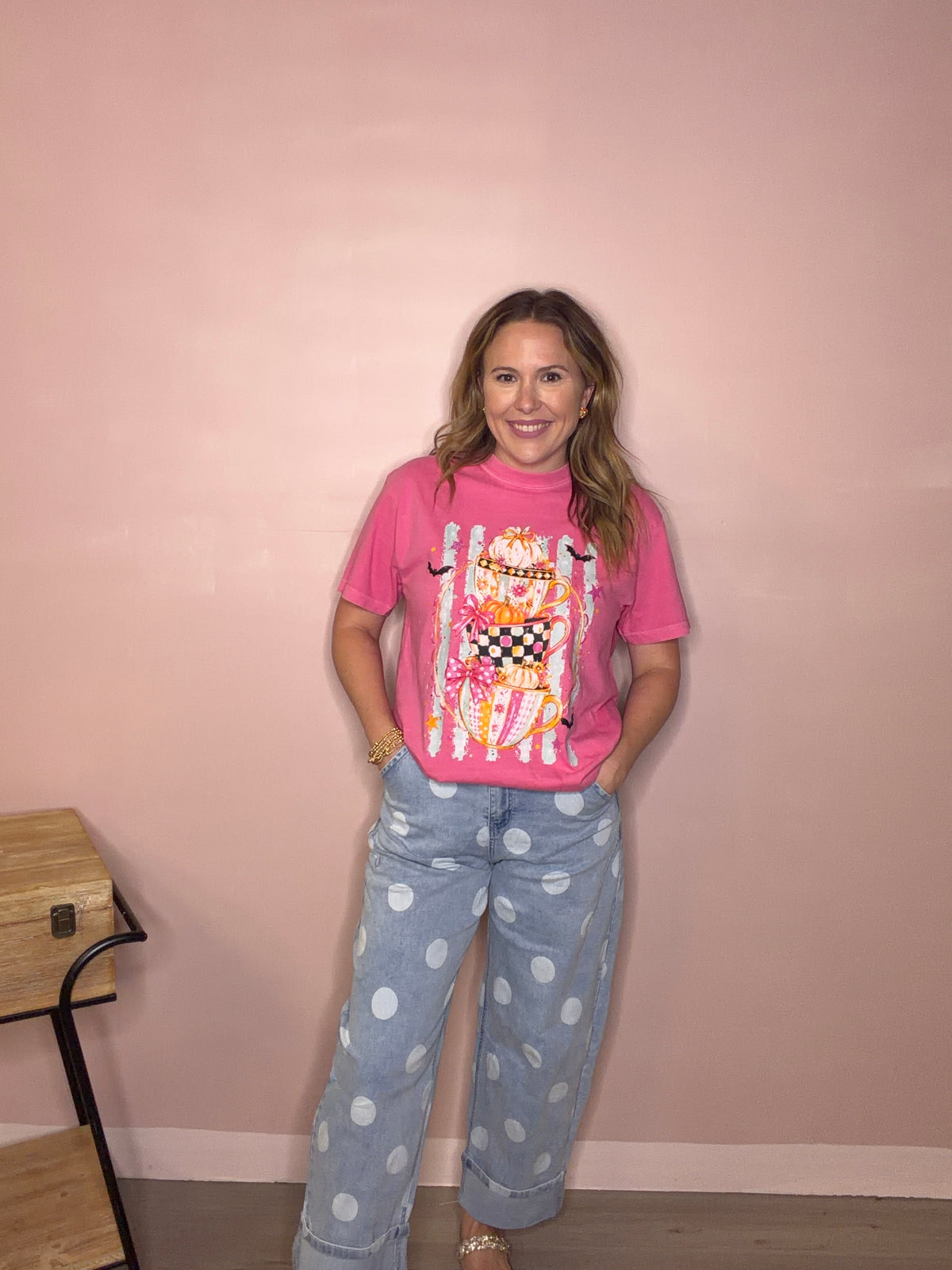Polka Dot Stretch Cuffed Wide Leg Jeans
