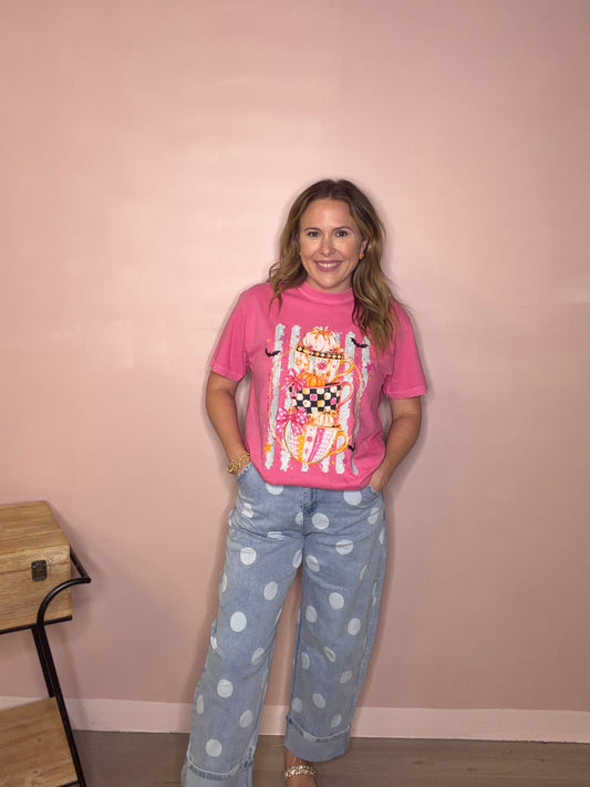 Polka Dot Stretch Cuffed Wide Leg Jeans