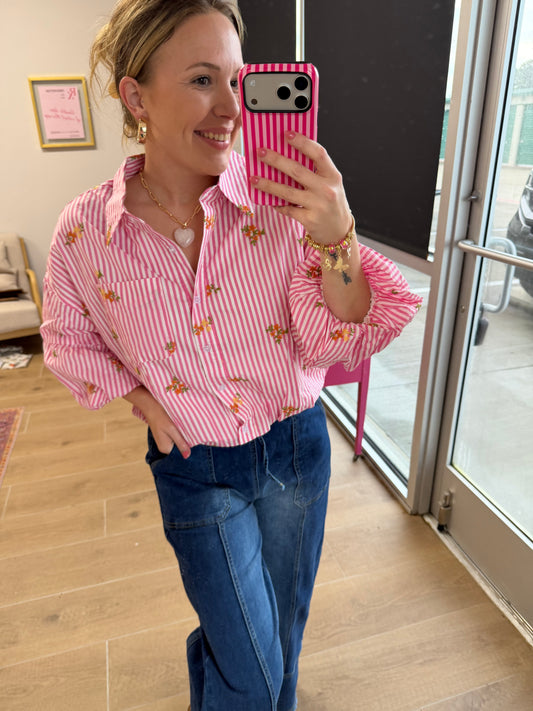 Pink Stripe Embroidered Floral Bubble Sleeve Blouse