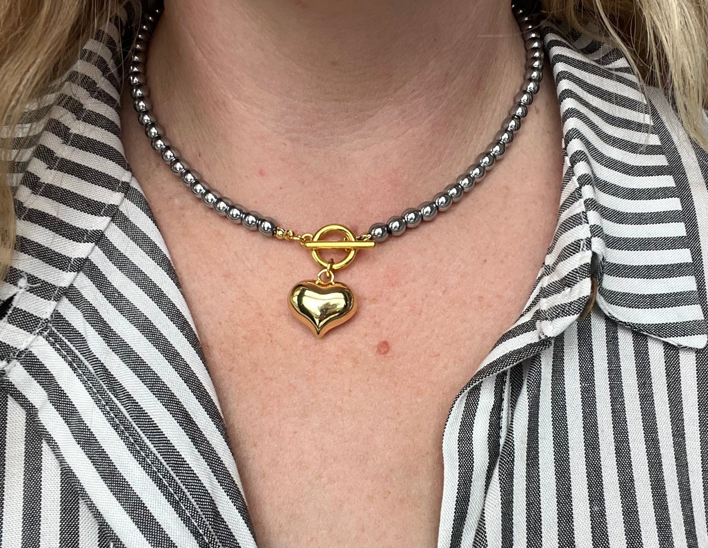 Silver Bead and Gold Heart Necklace
