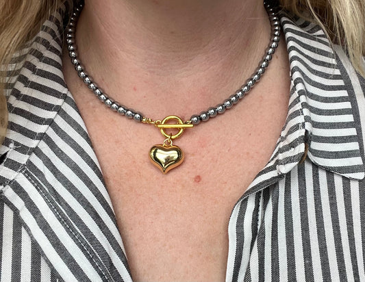 Silver Bead and Gold Heart Necklace
