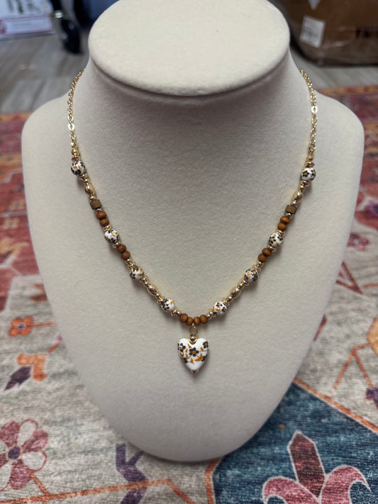 Autumn Floral Beaded Heart Necklace
