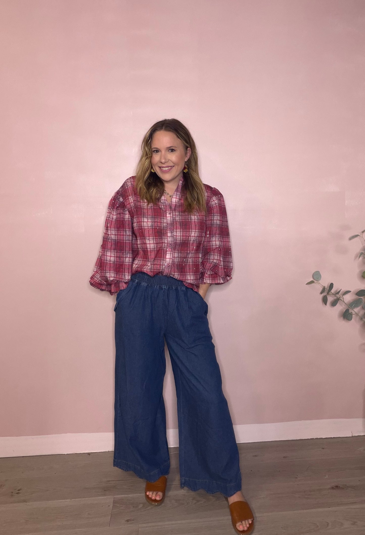 Red Plaid Puff Sleeve Blouse