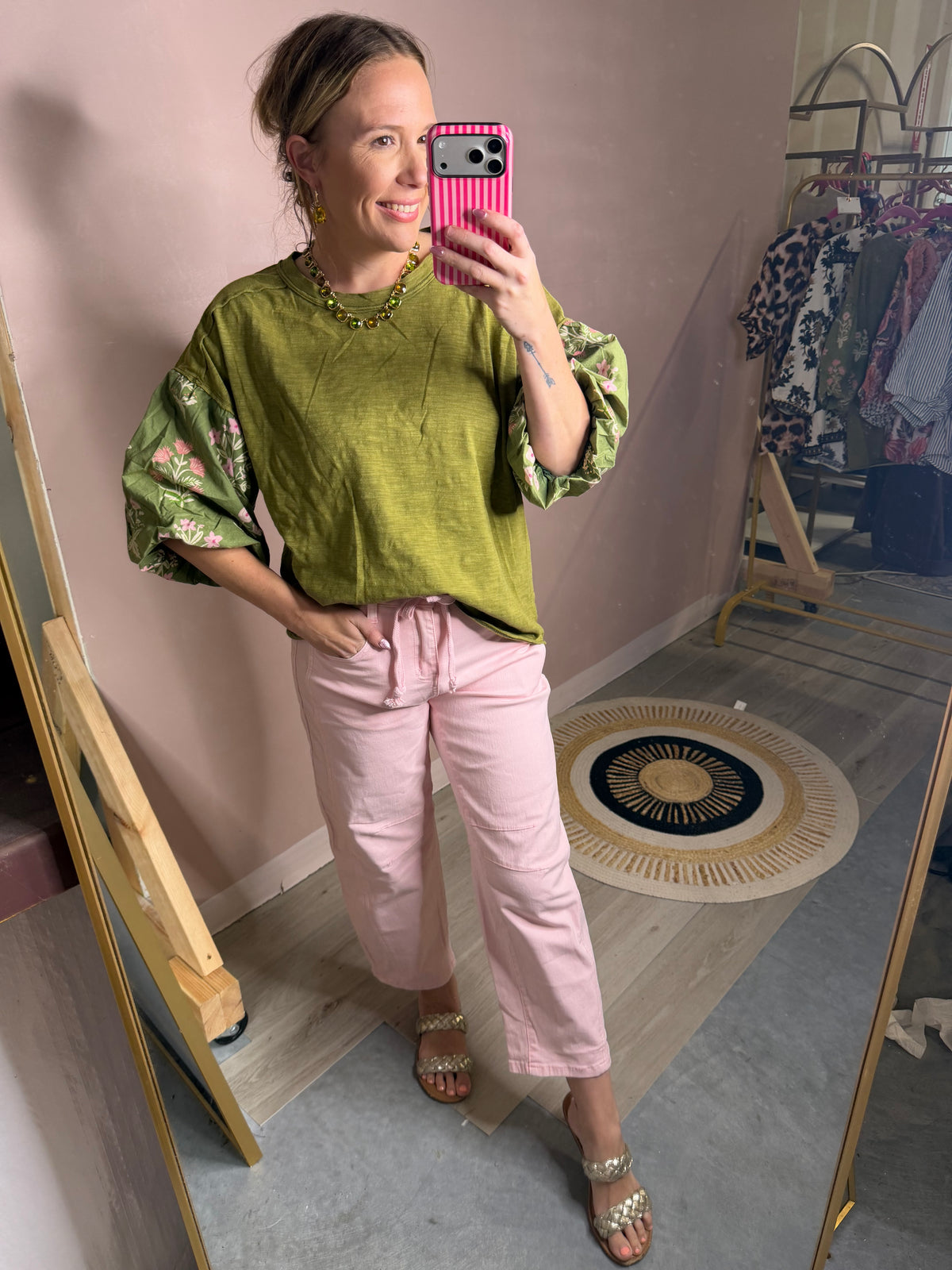 Pink Stretch Rope Tie Cropped Jeans