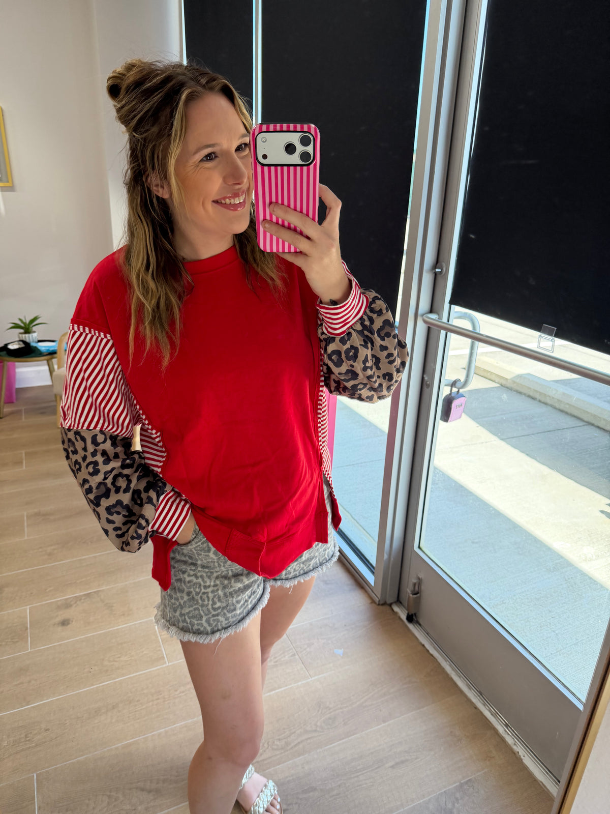Red Striped Leopard Mixed Print Crewneck Top